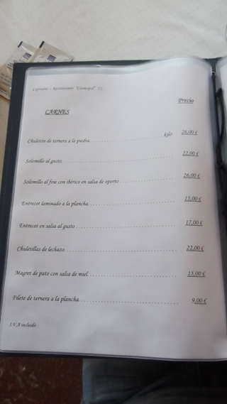 Carta restaurante Cosmopol Laredo Cantabria