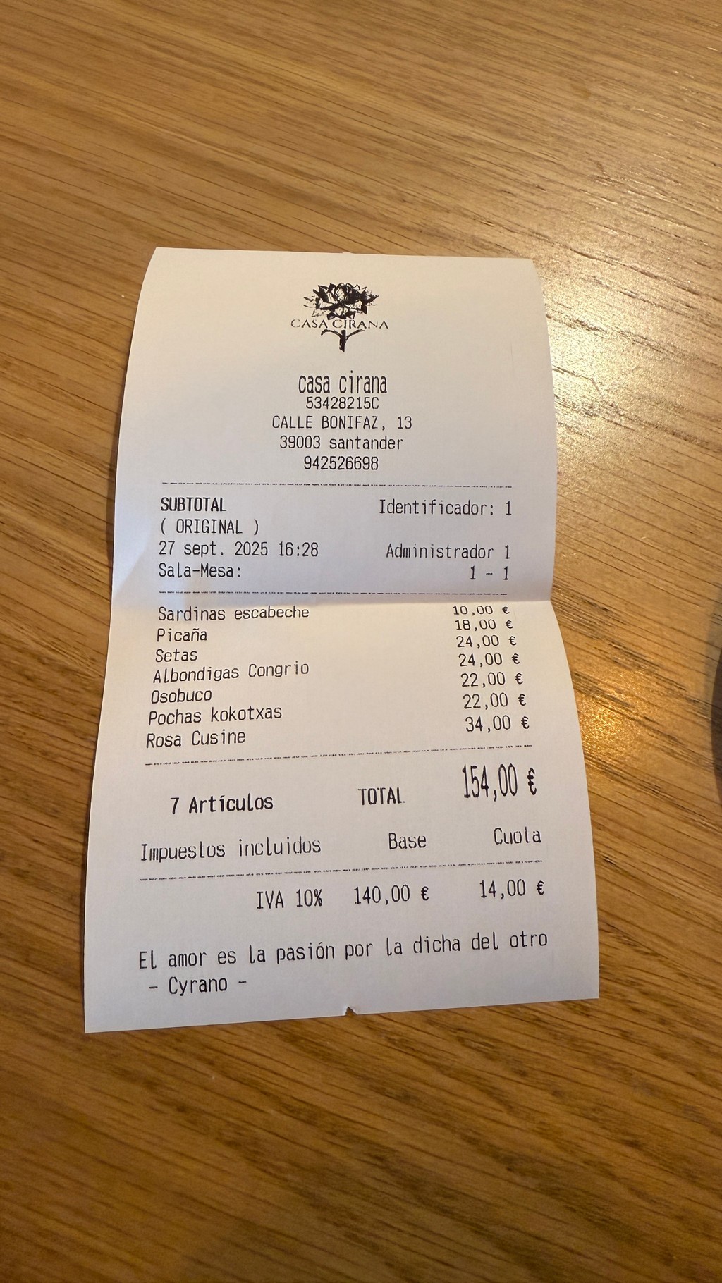 Factura Casa Cirana referente gastronómico de Santander